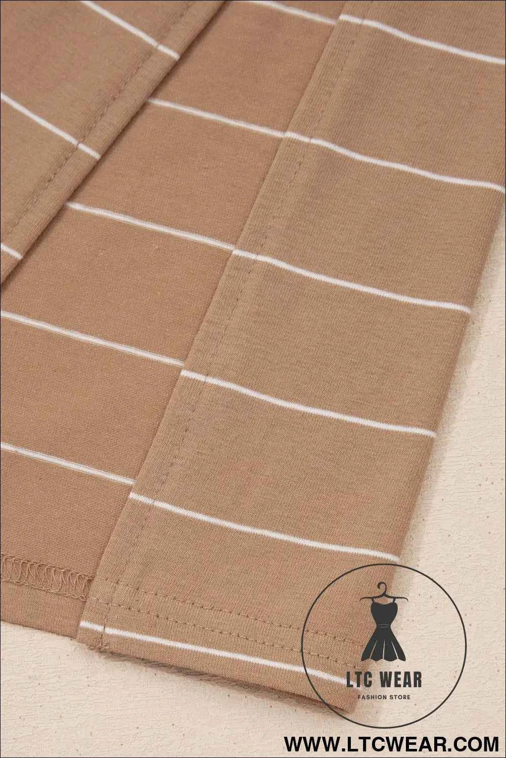 Beige and White Striped Short Sleeve Side Slit T Shirt Dress