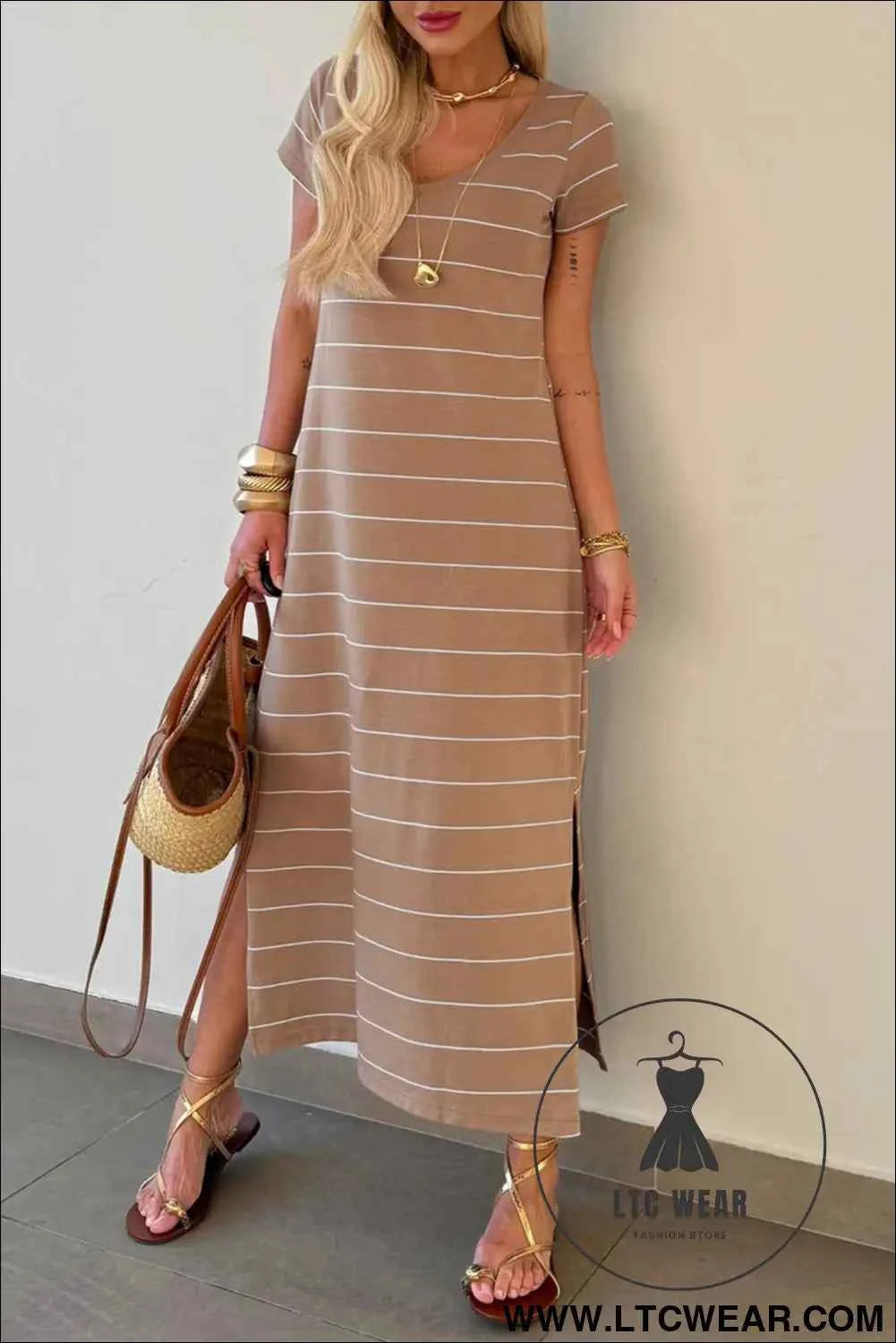 Beige and White Striped Short Sleeve Side Slit T Shirt Dress