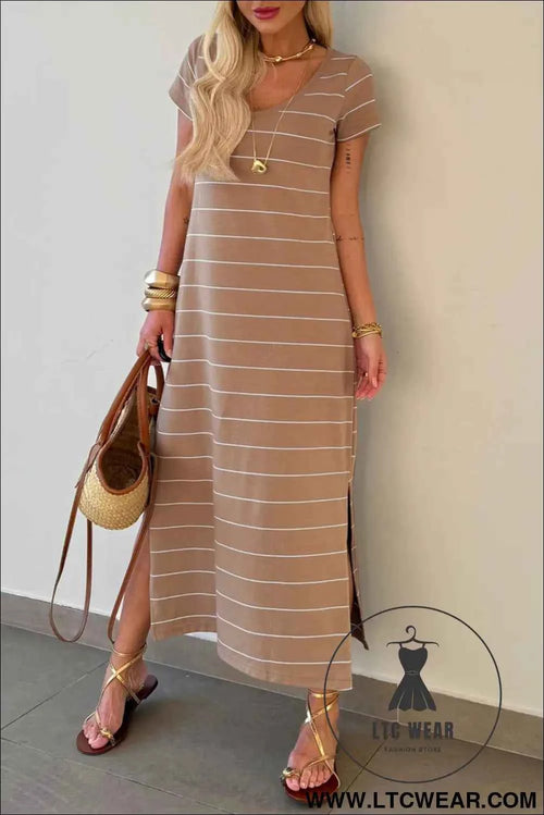Beige and White Striped Short Sleeve Side Slit T Shirt Dress