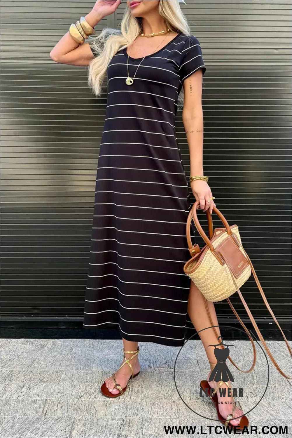 Beige and White Striped Short Sleeve Side Slit T Shirt Dress