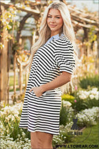Striped Puff Sleeve Mini Dress with Pockets and Blue Collar