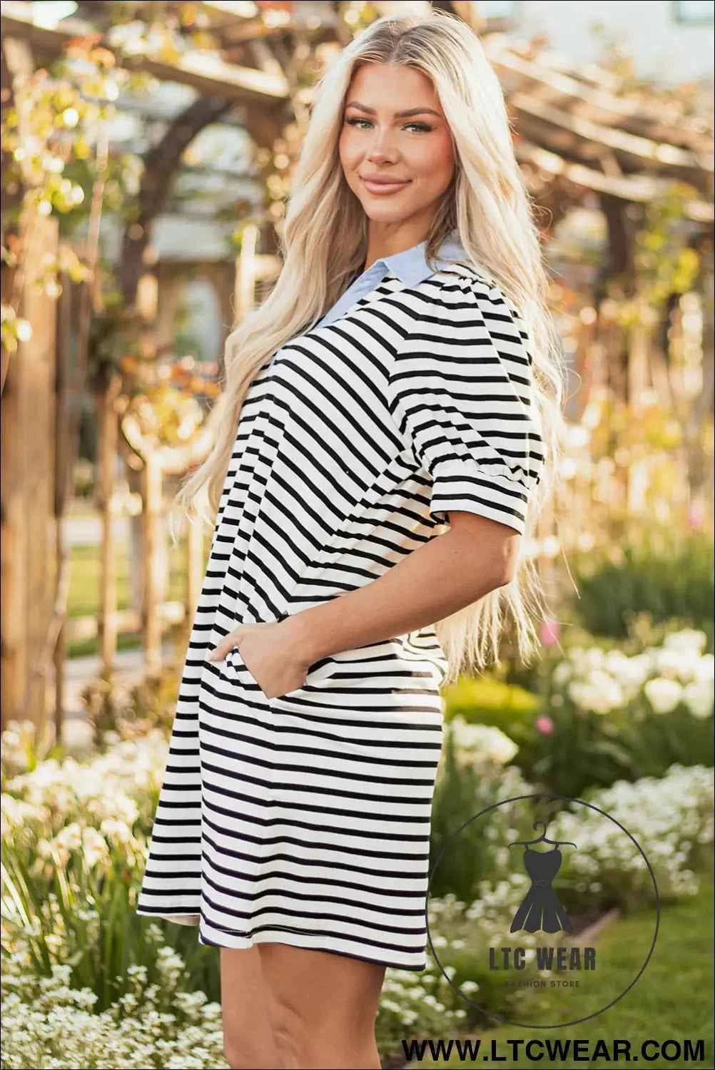Striped Puff Sleeve Mini Dress with Pockets and Blue Collar