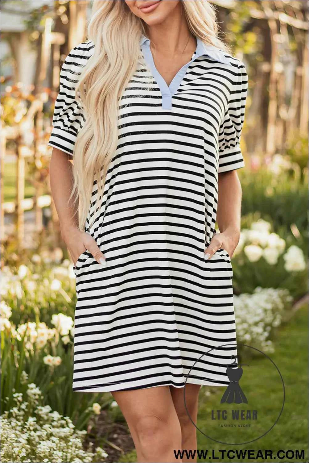 Striped Puff Sleeve Mini Dress with Pockets and Blue Collar
