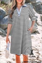 Striped Puff Sleeve Mini Dress with Pockets and Blue Collar