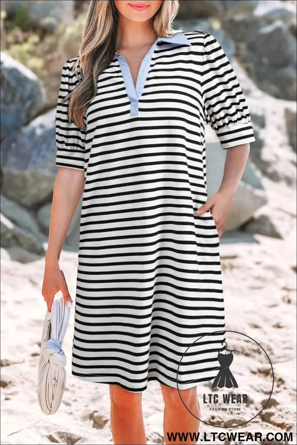 Striped Puff Sleeve Mini Dress with Pockets and Blue Collar