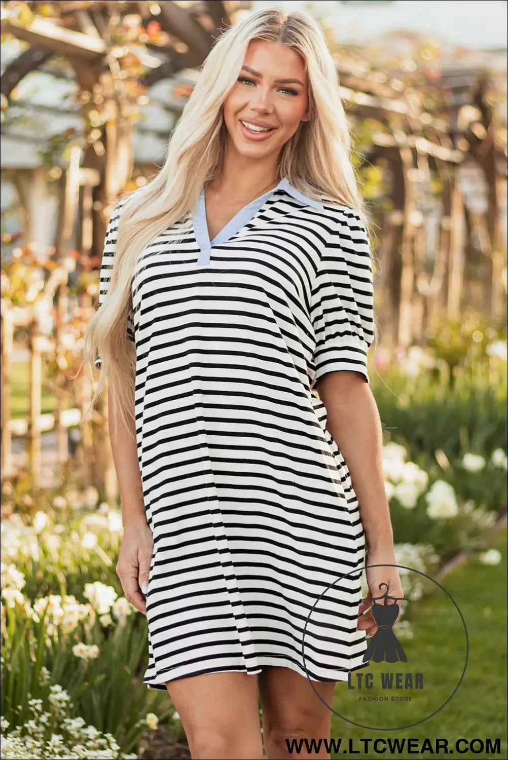 Striped Puff Sleeve Mini Dress with Pockets and Blue Collar