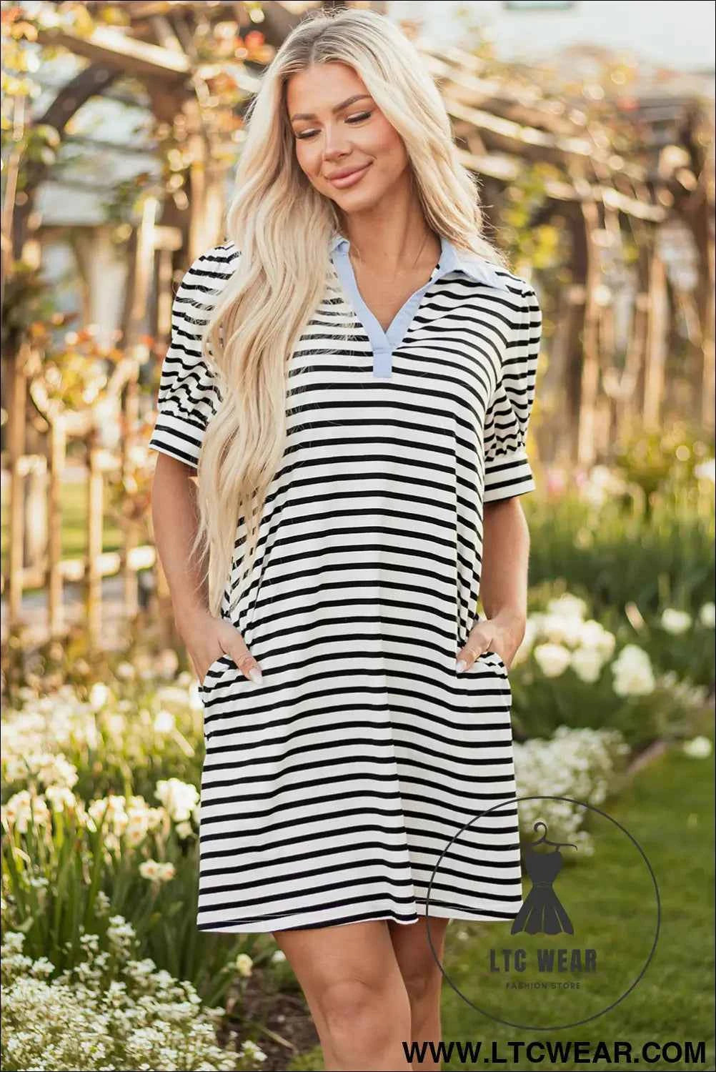 Striped Puff Sleeve Mini Dress with Pockets and Blue Collar