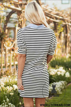 Striped Puff Sleeve Mini Dress with Pockets and Blue Collar