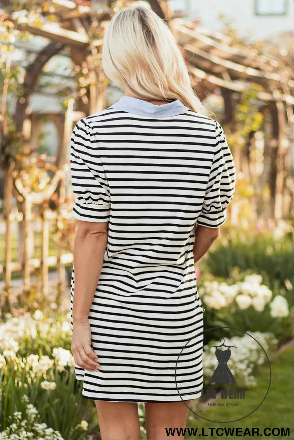 Striped Puff Sleeve Mini Dress with Pockets and Blue Collar