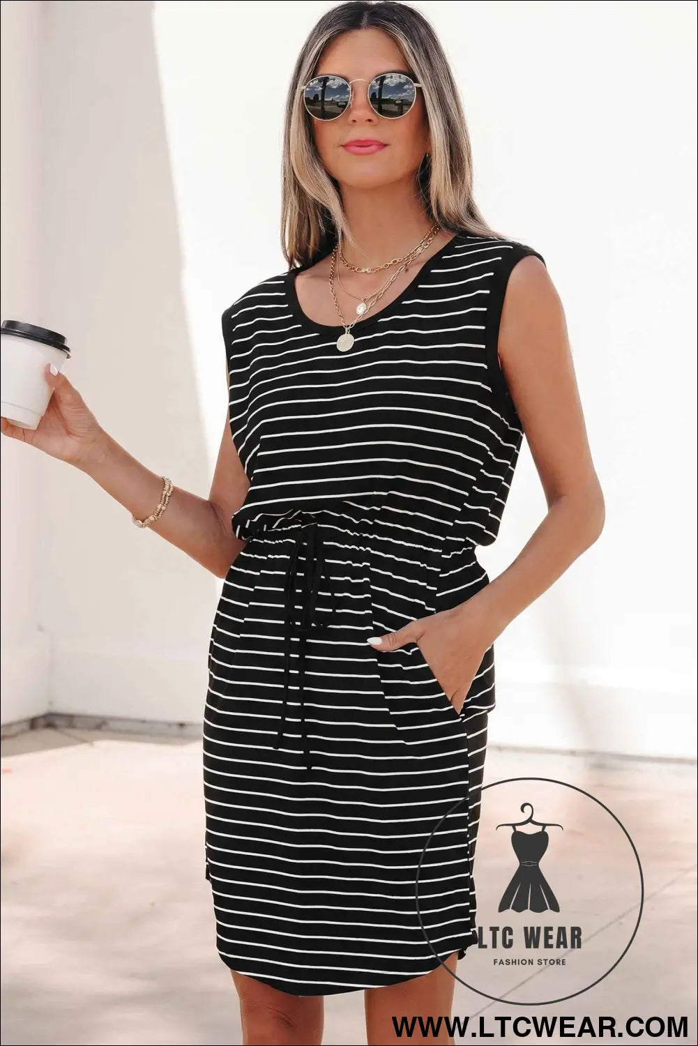Black Stripe Drawstring Tunic Tank Mini Dress with Pockets