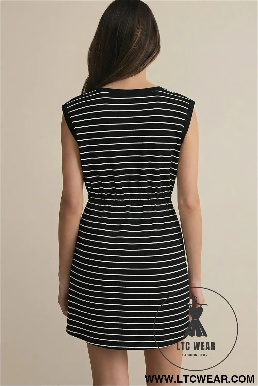Black Stripe Drawstring Tunic Tank Mini Dress with Pockets - L.T.C Wear Online Fashion Store