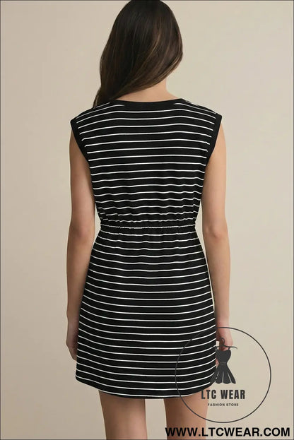 Black Stripe Drawstring Tunic Tank Mini Dress with Pockets - L.T.C Wear Online Fashion Store