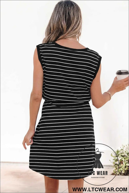 Black Stripe Drawstring Tunic Tank Mini Dress with Pockets