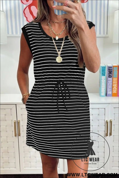 Black Stripe Drawstring Tunic Tank Mini Dress with Pockets - L.T.C Wear Online Fashion Store