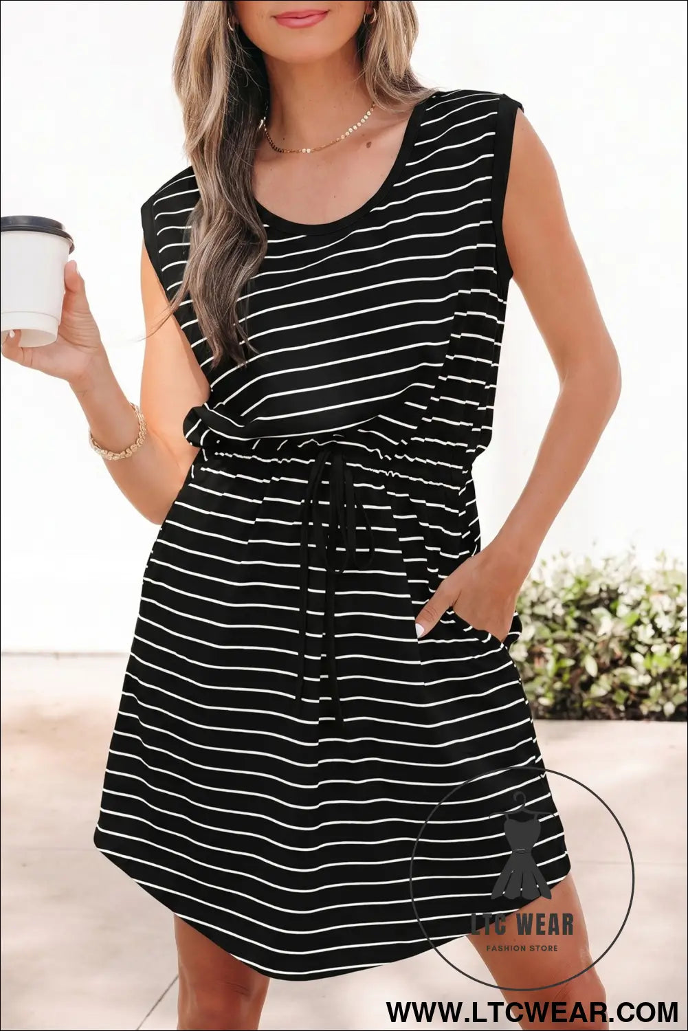 Black Stripe Drawstring Tunic Tank Mini Dress with Pockets - L.T.C Wear Online Fashion Store
