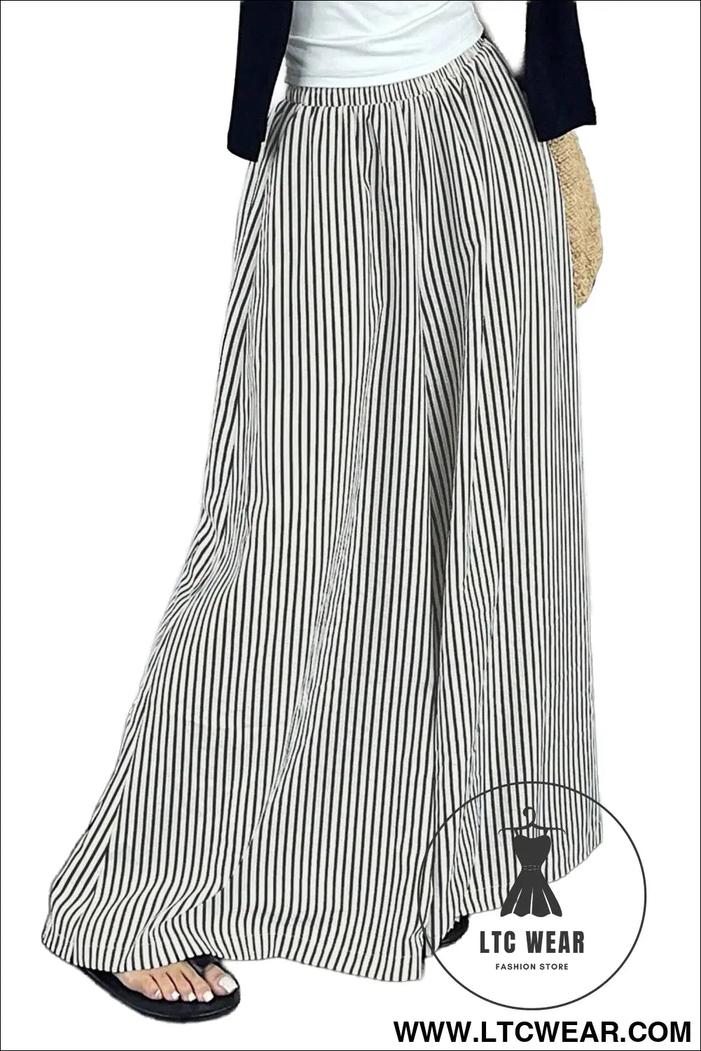 Black Stripe Elastic Waist Ultra Wide Leg Pants - L.T.C Wear Online Fashion Store