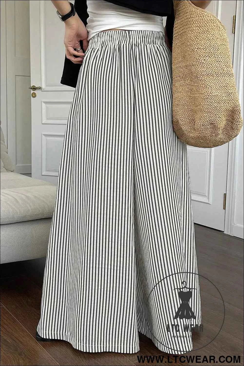 Black Stripe Elastic Waist Ultra Wide Leg Pants