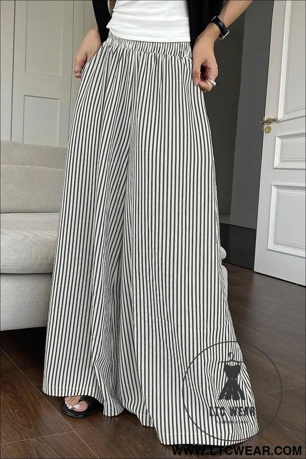 Black Stripe Elastic Waist Ultra Wide Leg Pants - L.T.C Wear Online Fashion Store