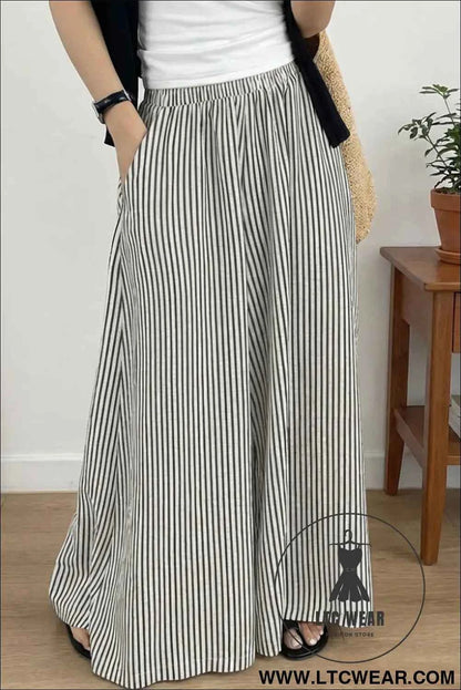 Black Stripe Elastic Waist Ultra Wide Leg Pants