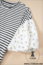 Black stripe floral puff sleeve patchwork round neck loose top - blouses & shirts