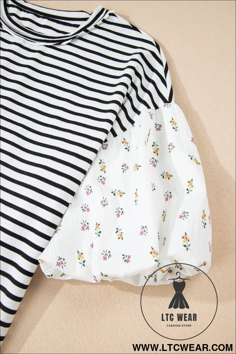 Black stripe floral puff sleeve patchwork round neck loose top - blouses & shirts