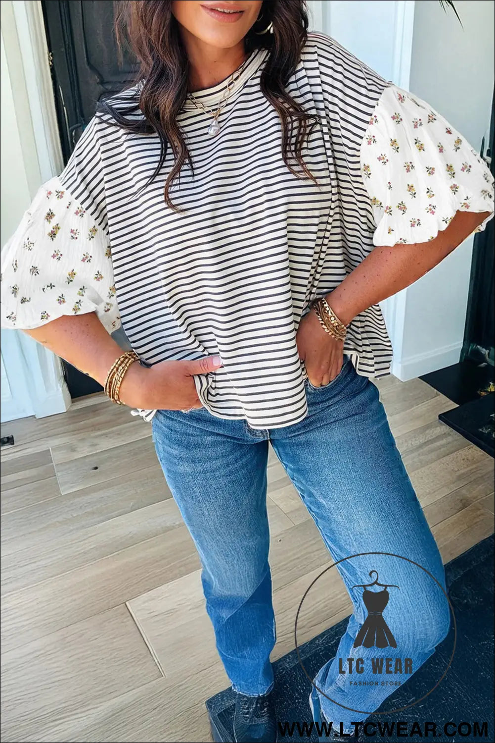 Black stripe floral puff sleeve patchwork round neck loose top - blouses & shirts