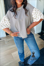 Black stripe floral puff sleeve patchwork round neck loose top - blouses & shirts
