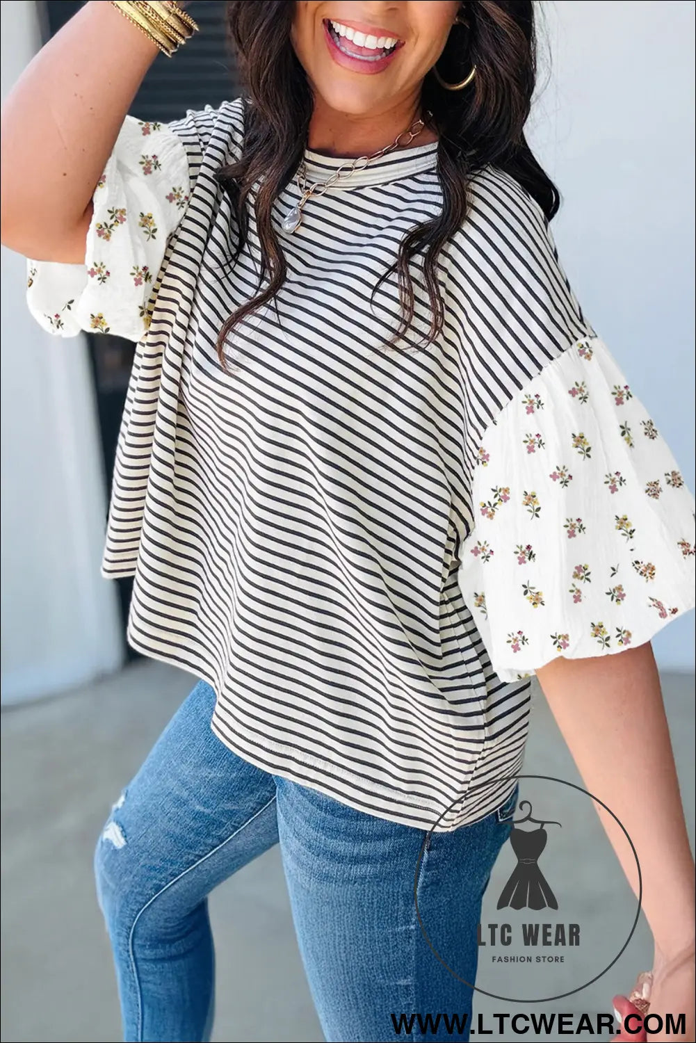 Black stripe floral puff sleeve patchwork round neck loose top - blouses & shirts
