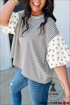 Black stripe floral puff sleeve patchwork round neck loose top - blouses & shirts