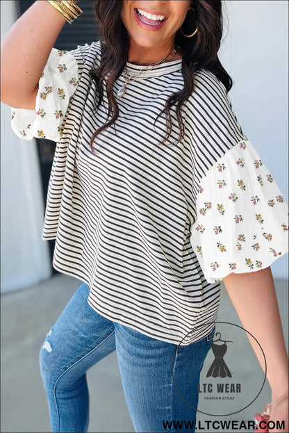 Black stripe floral puff sleeve patchwork round neck loose top - blouses & shirts