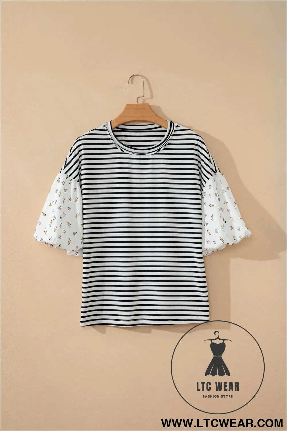 Black stripe floral puff sleeve patchwork round neck loose top - blouses & shirts