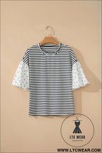 Black stripe floral puff sleeve patchwork round neck loose top - blouses & shirts