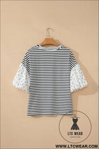 Black stripe floral puff sleeve patchwork round neck loose top - blouses & shirts