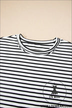 Black stripe floral puff sleeve patchwork round neck loose top - blouses & shirts