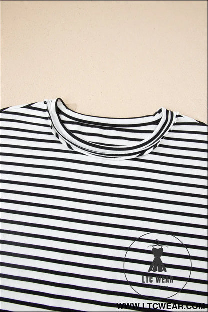 Black stripe floral puff sleeve patchwork round neck loose top - blouses & shirts