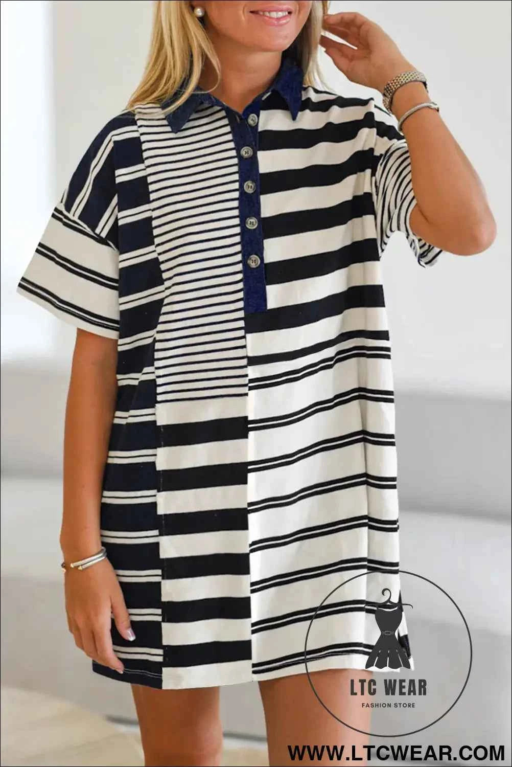 Navy and White Striped Polo T Shirt Dress