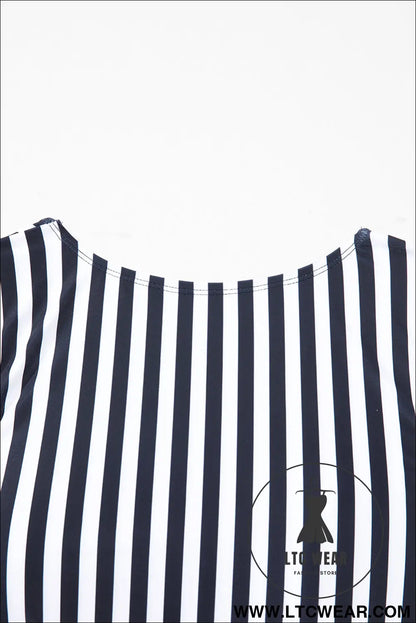 Black Stripe Plus Size Knot Cutout Ruffle Sleeve and High Waist Swimsuit Set - L.T.C Wear Online Fashion Store