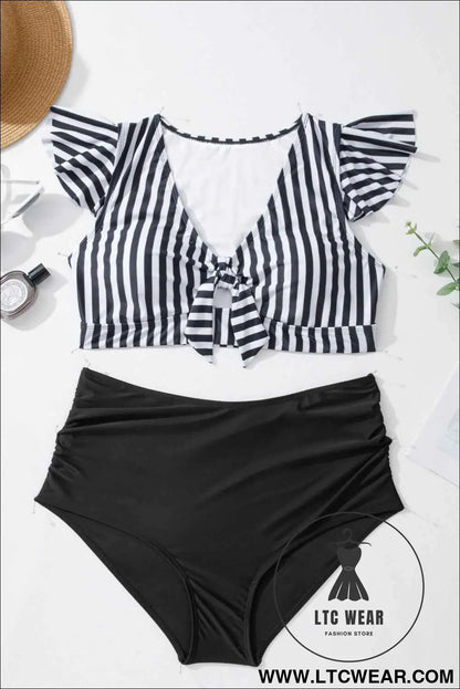 Black Stripe Plus Size Knot Cutout Ruffle Sleeve and High Waist Swimsuit Set