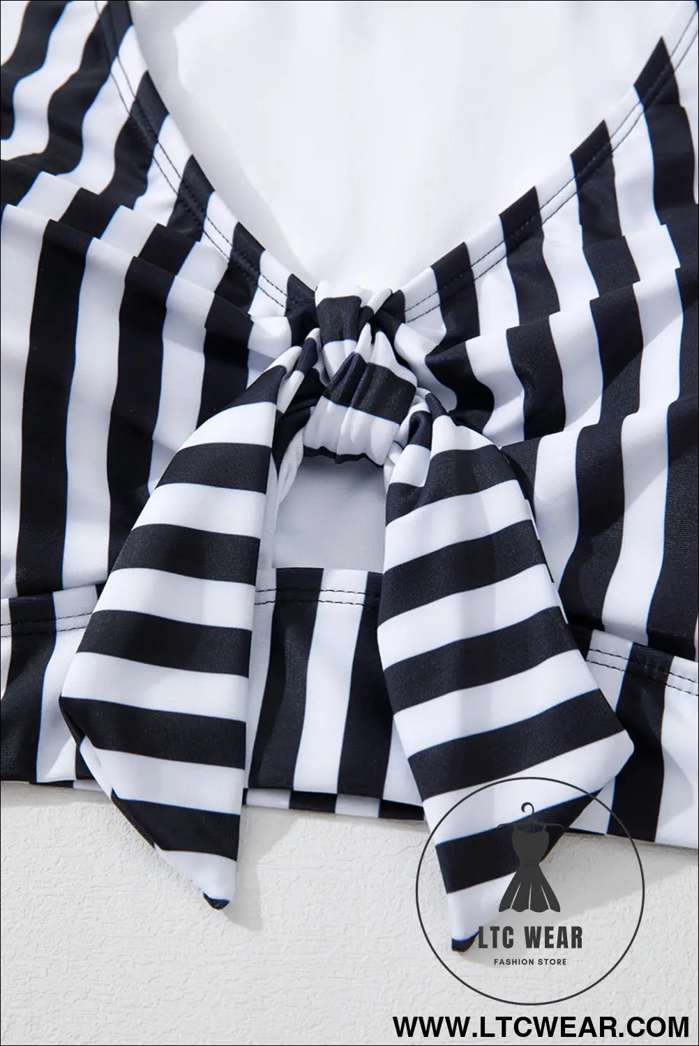 Black Stripe Plus Size Knot Cutout Ruffle Sleeve and High Waist Swimsuit Set - L.T.C Wear Online Fashion Store