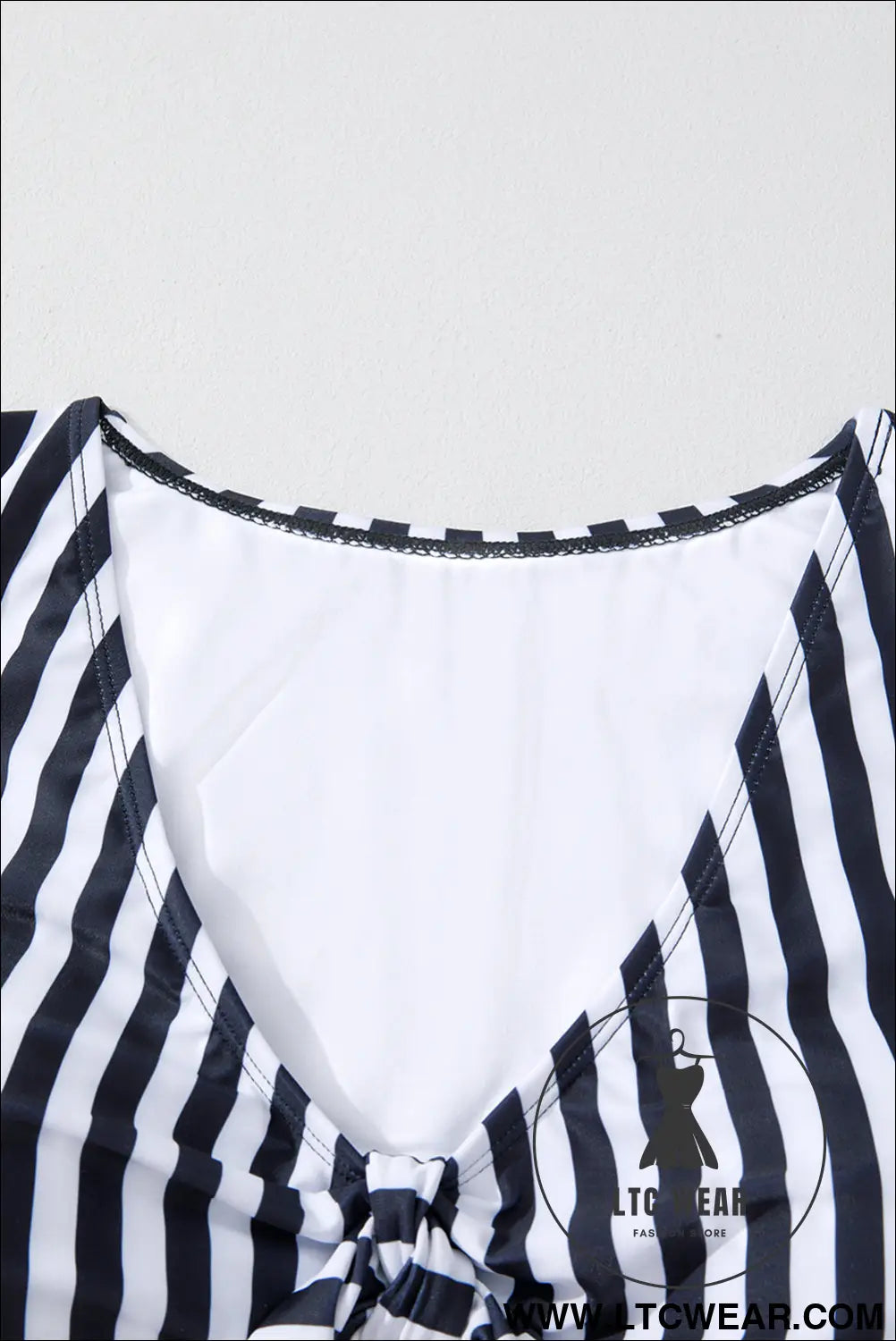 Black Stripe Plus Size Knot Cutout Ruffle Sleeve and High Waist Swimsuit Set - L.T.C Wear Online Fashion Store