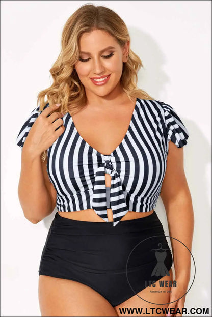 Black Stripe Plus Size Knot Cutout Ruffle Sleeve and High Waist Swimsuit Set