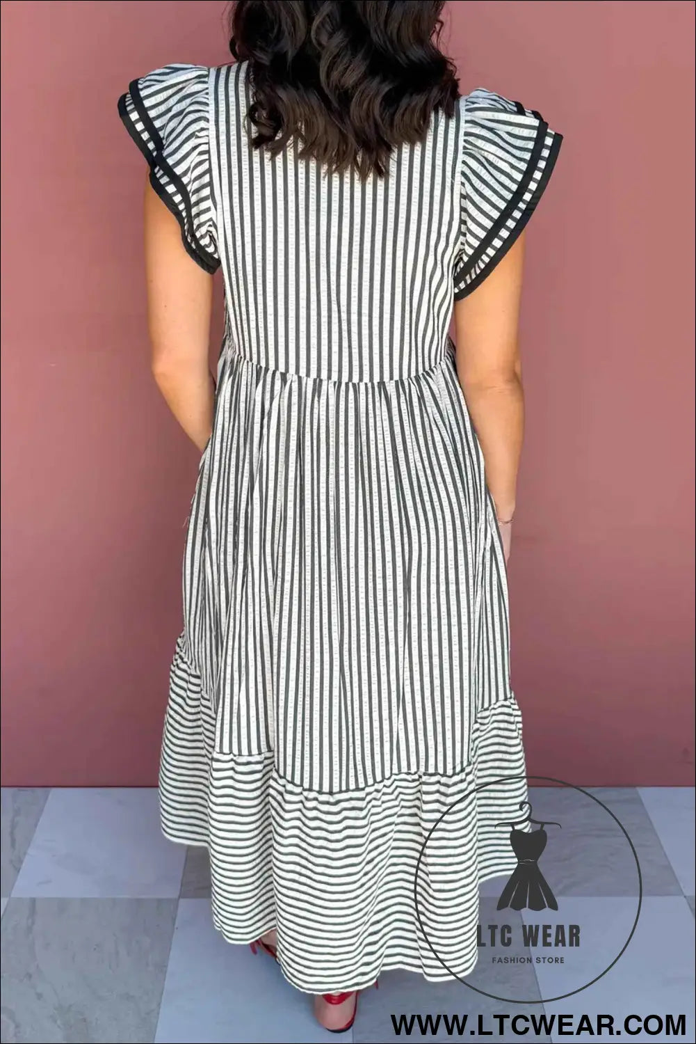 Black Stripe Plus Size Slit V Neck Tiered Flutter Sleeve Maxi Dress
