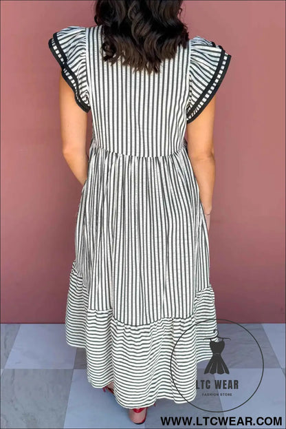 Black Stripe Plus Size Slit V Neck Tiered Flutter Sleeve Maxi Dress