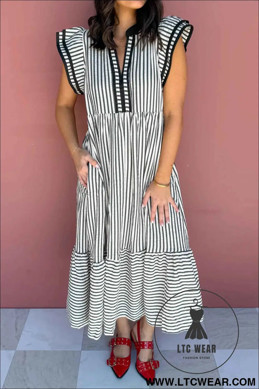 Black Stripe Plus Size Slit V Neck Tiered Flutter Sleeve Maxi Dress