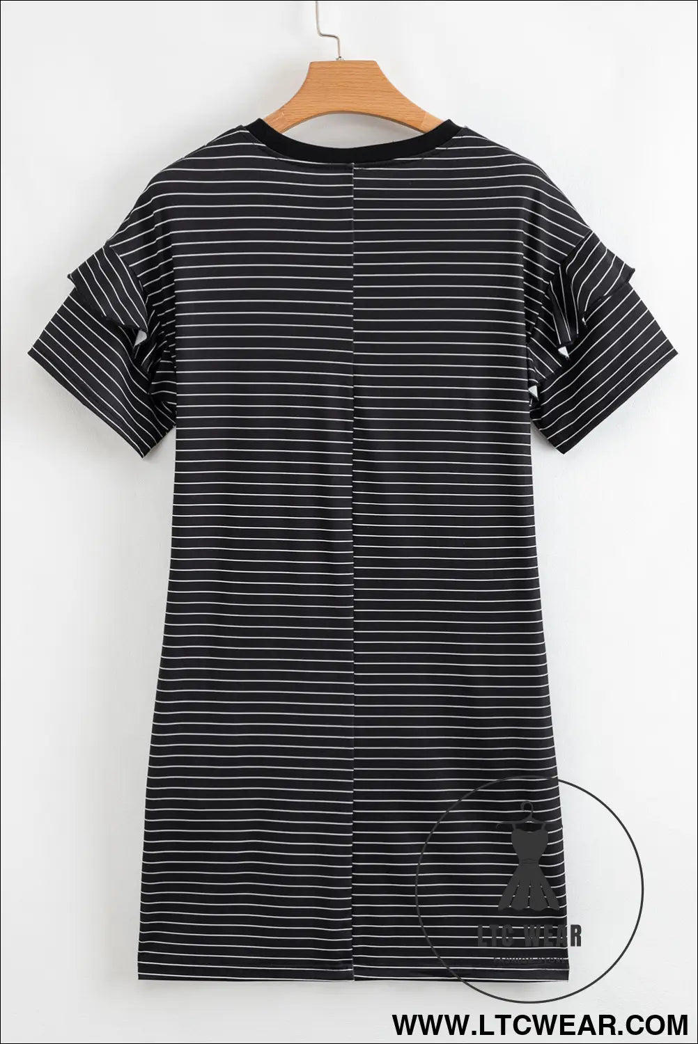 Black Stripe Ruffled Short Sleeve Crew Neck T Shirt Shift Mini Dress - L.T.C Wear Online Fashion Store