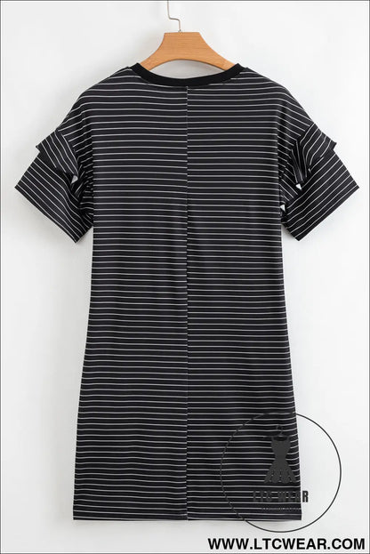 Black Stripe Ruffled Short Sleeve Crew Neck T Shirt Shift Mini Dress - L.T.C Wear Online Fashion Store
