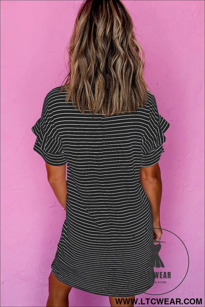 Black Stripe Ruffled Short Sleeve Crew Neck T Shirt Shift Mini Dress - L.T.C Wear Online Fashion Store