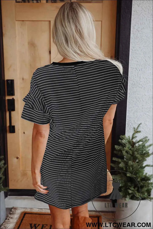 Black Stripe Ruffled Short Sleeve Crew Neck T Shirt Shift Mini Dress
