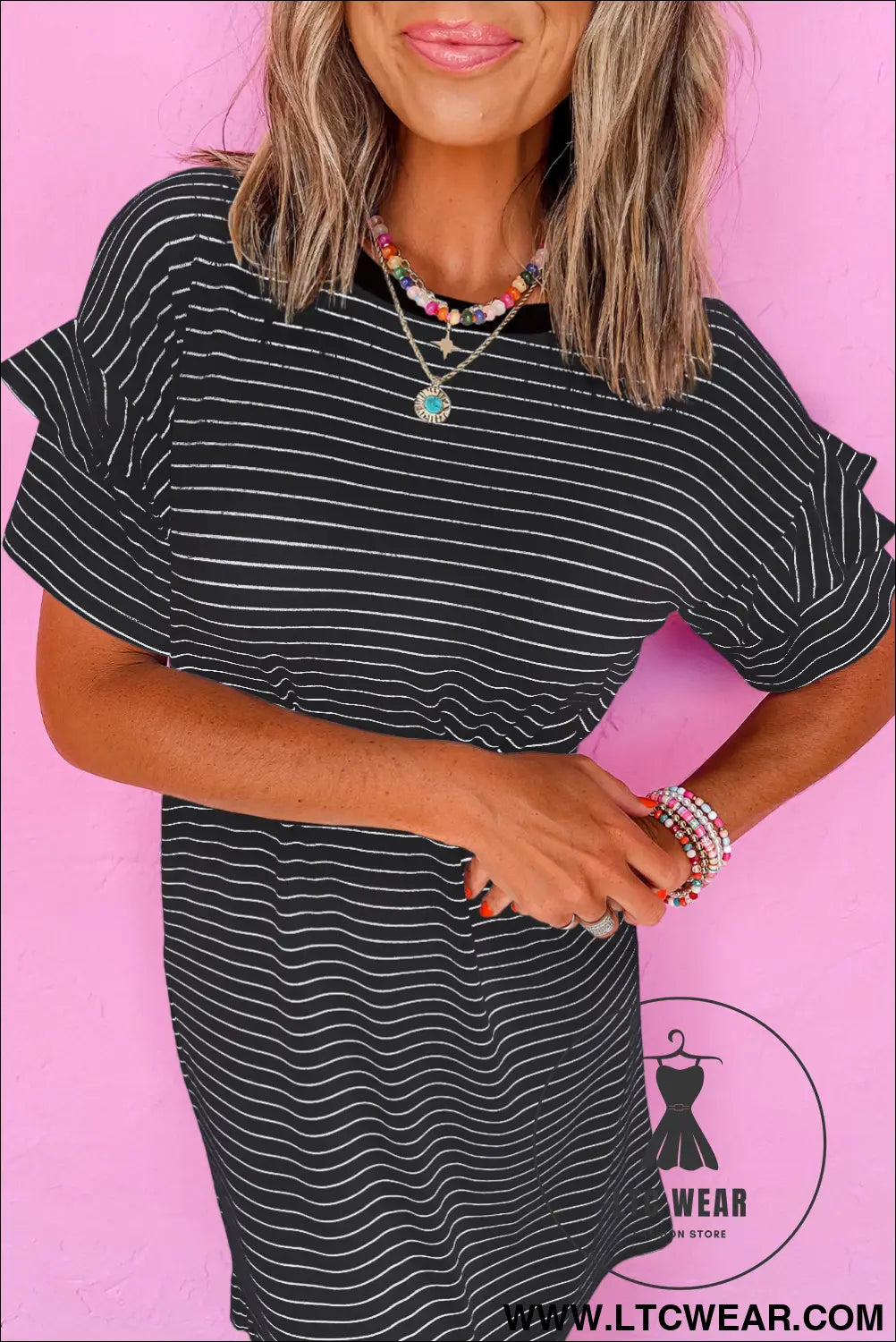 Black Stripe Ruffled Short Sleeve Crew Neck T Shirt Shift Mini Dress - L.T.C Wear Online Fashion Store