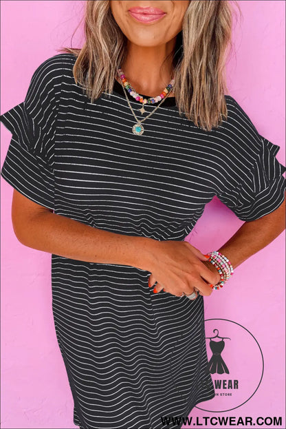 Black Stripe Ruffled Short Sleeve Crew Neck T Shirt Shift Mini Dress - L.T.C Wear Online Fashion Store